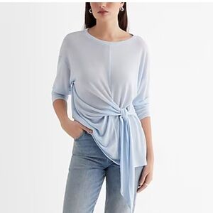 Express Skimming Lightweight Crew Neck Long Sleeve Tie Front Tee light blue NEW